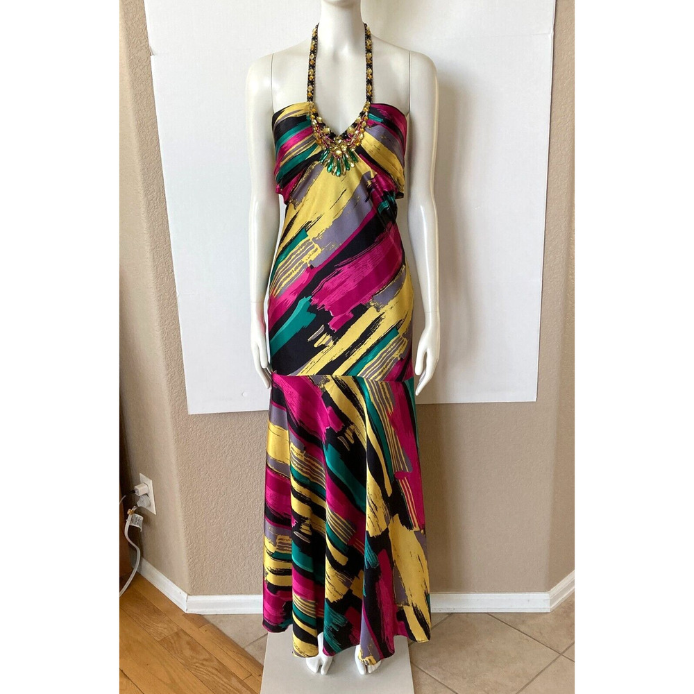Danelle's Bright Maxi Gown Beaded Bling Halter Long Dress S 34 Bust Sz 2
